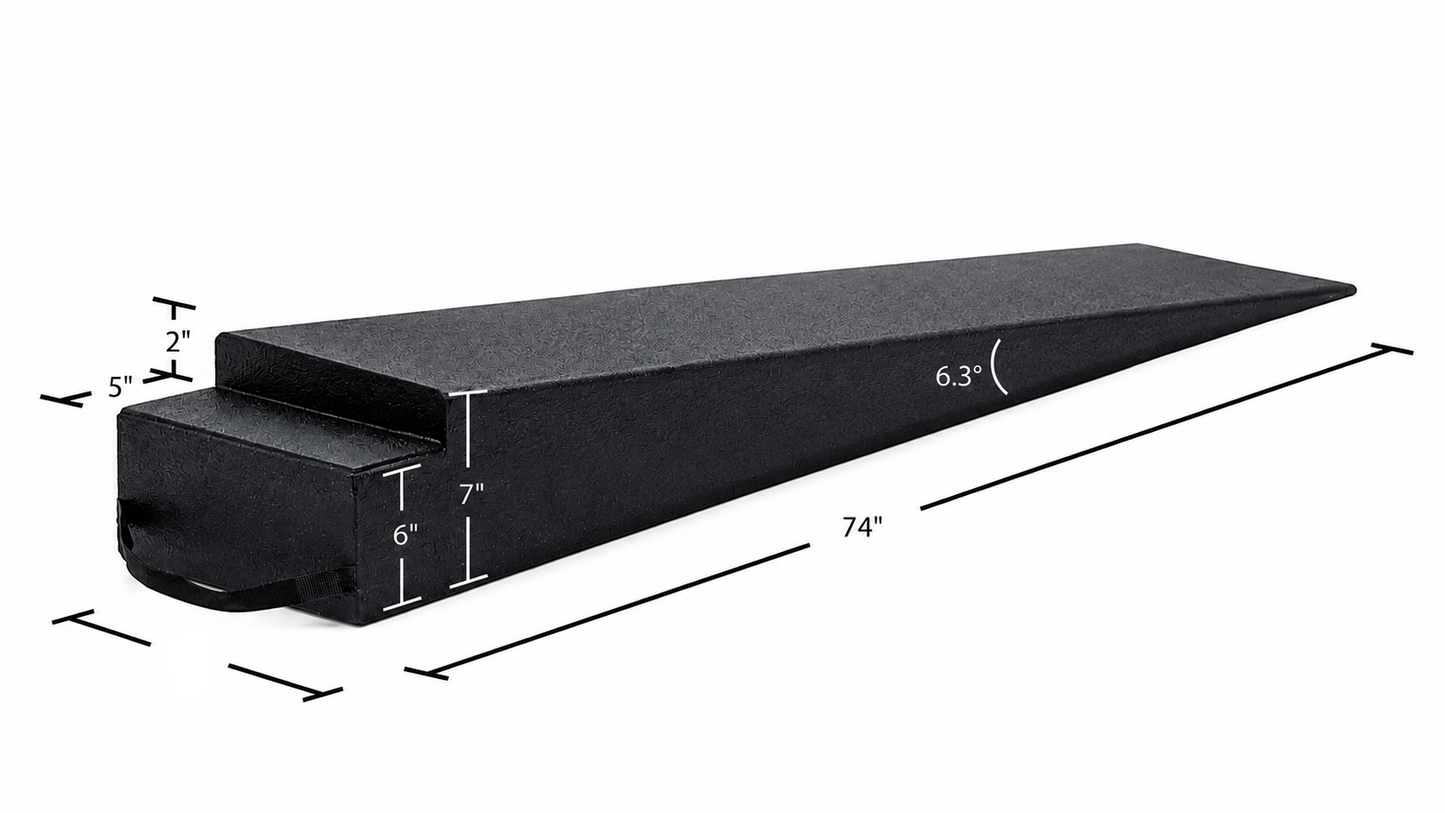 A black wedge-shaped stair step cover shown on a white background with dimension lines and measurements for length, height, and width.