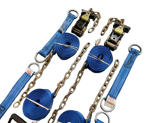 14' 8 Point Tie Down with D Ring Dogbone Straps and Heavy Duty Chain Ratchet Handle