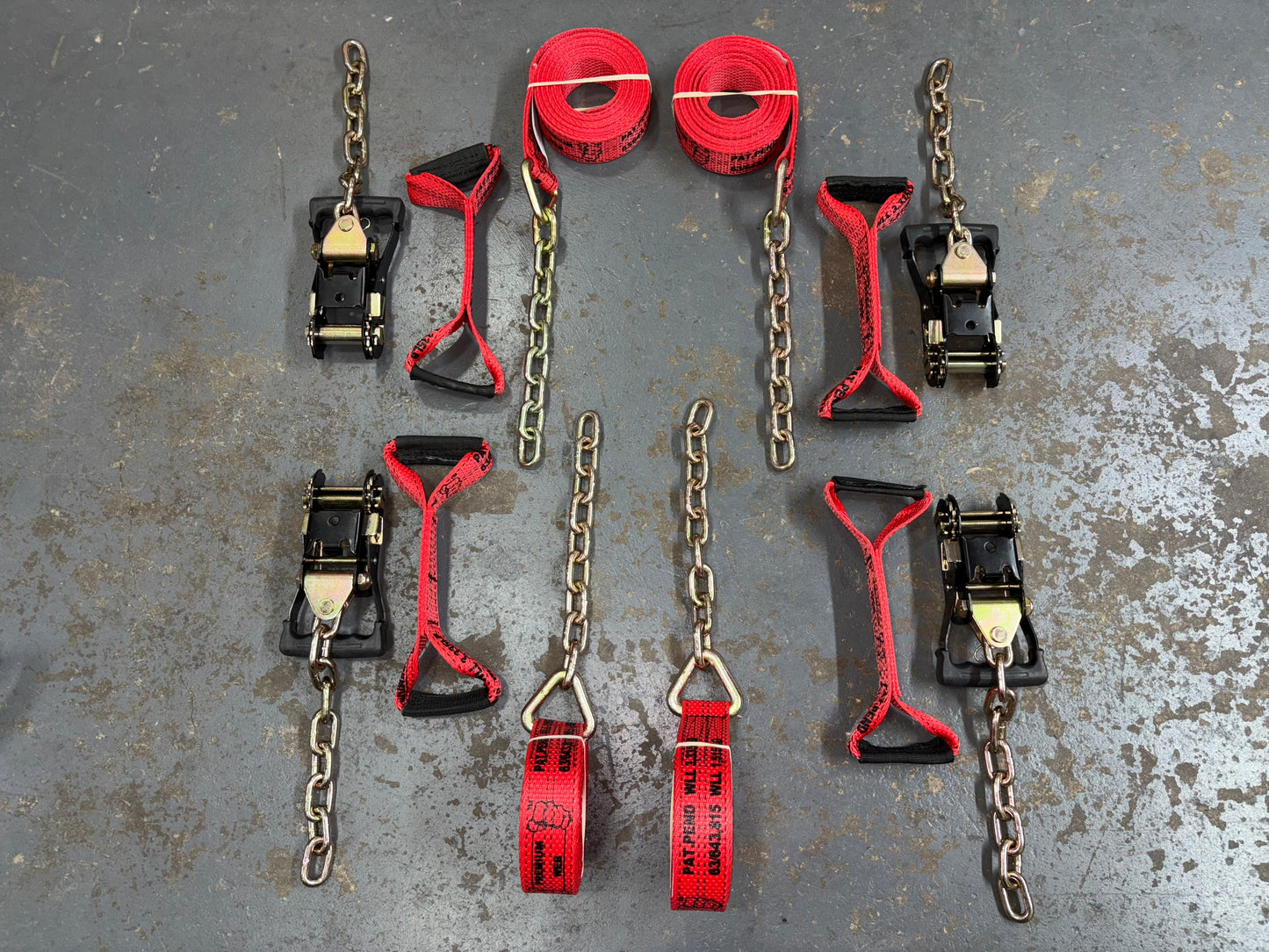 8 Point Kit of 16' Premium Webbing and Heavy Duty Comfort Ratchet Rollback / Flatbed Car Tie-Downs with Chain Tails