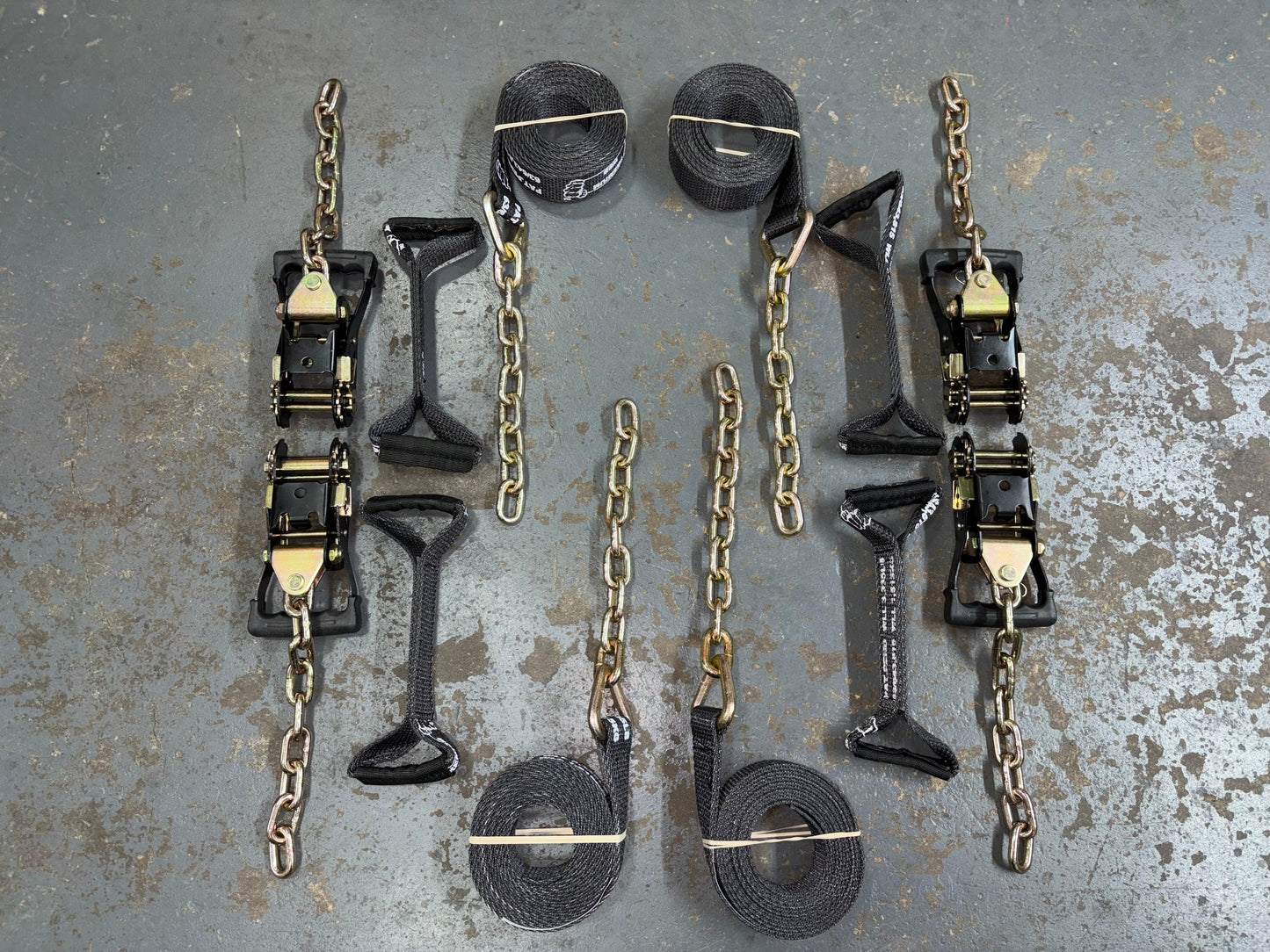 8 Point Kit of 16' Premium Webbing and Heavy Duty Comfort Ratchet Rollback / Flatbed Car Tie-Downs with Chain Tails