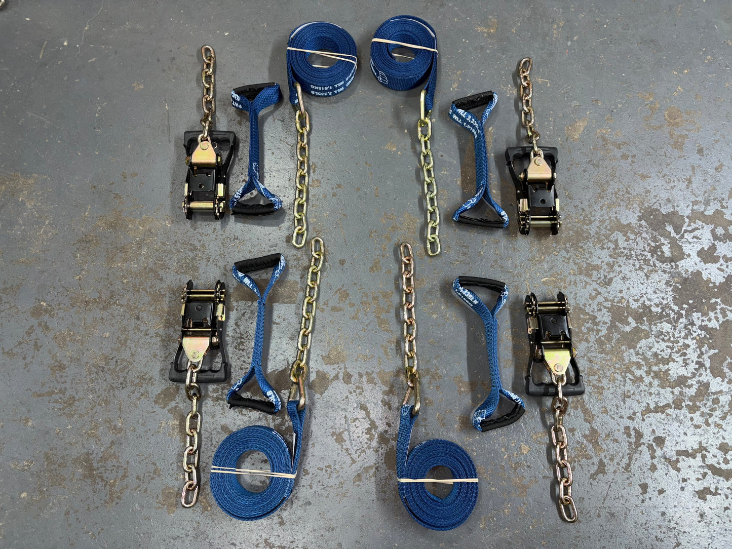 8 Point Kit of 16' Premium Webbing and Heavy Duty Comfort Ratchet Rollback / Flatbed Car Tie-Downs with Chain Tails