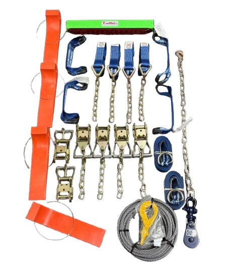 Complete Rollback Tie Down Kit with Wheel Lift Ratchet Straps, Towmate, Snatch Block, Winch Cable and Tire Skates