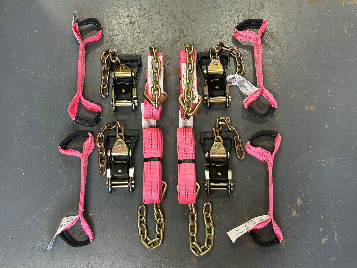 8 Point Kit of 16' Premium Webbing and Heavy Duty Comfort Ratchet Rollback / Flatbed Car Tie-Downs with Chain Tails