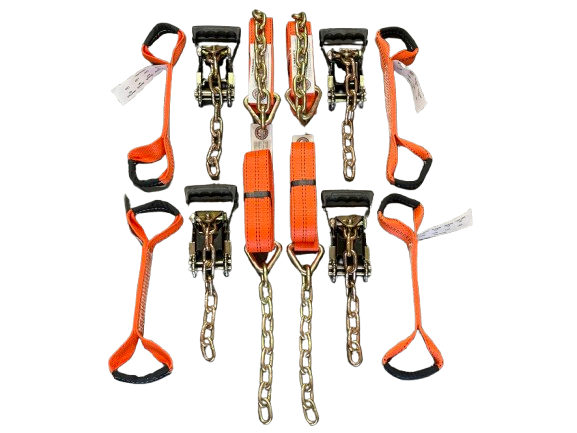 8 Point Kit of 16' Premium Webbing and Heavy Duty Comfort Ratchet Rollback / Flatbed Car Tie-Downs with Chain Tails