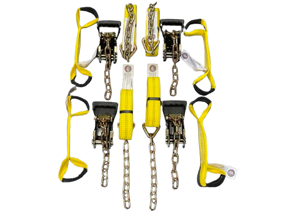 8 Point Kit of 16' Premium Webbing and Heavy Duty Comfort Ratchet Rollback / Flatbed Car Tie-Downs with Chain Tails