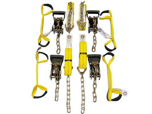 8 Point Kit of 16' Premium Webbing and Heavy Duty Comfort Ratchet Rollback / Flatbed Car Tie-Downs with Chain Tails