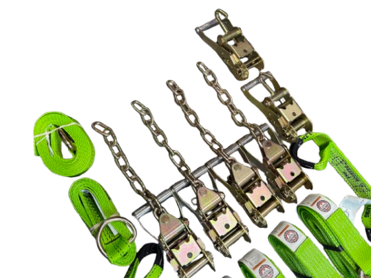 Standard Rollback Tie Down Kit with Wheel Lift Ratchet and "D" ring Straps.