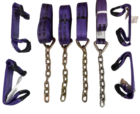 NO RATCHET - 8 Point Kit of 16' Premium Webbing Rollback / Flatbed Car Tie-Downs with Chain Tails