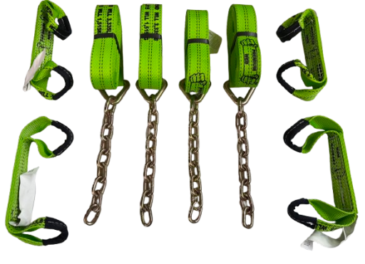 NO RATCHET - 8 Point Kit of 16' Premium Webbing Rollback / Flatbed Car Tie-Downs with Chain Tails