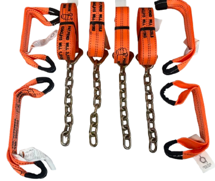 NO RATCHET - 8 Point Kit of 16' Premium Webbing Rollback / Flatbed Car Tie-Downs with Chain Tails