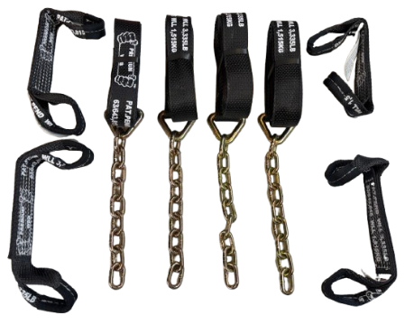 NO RATCHET - 8 Point Kit of 16' Premium Webbing Rollback / Flatbed Car Tie-Downs with Chain Tails