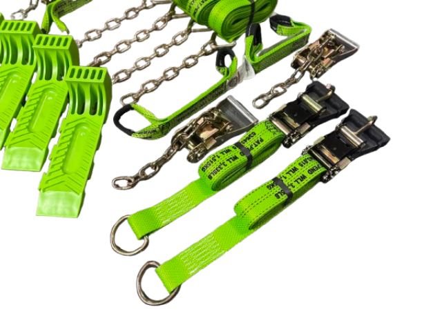 Bundle - 8 Point Tie Down Kit with Wheel Lift Ratchet Straps, 2T Snatch Block and Set of 4 Hi-Viz Interlocking Skates