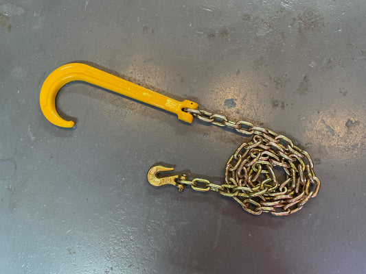 8' Safety Chain with G80 15" J hook and Grab Hook on other end for Rollback Tow Trucks