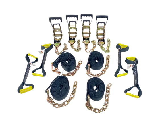8 Point Heavy Duty 14' Diamond Weave Strap Kit for Rollback/Flatbed Tie Downs with 12" Chain Tails
