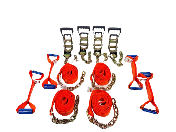 8 Point Heavy Duty 14' Diamond Weave Strap Kit for Rollback/Flatbed Tie Downs with 12" Chain Tails