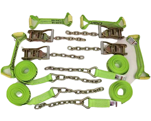 18' 8 Point Towing Tie Down Kit of DIAMOND WEAVE Rollback / Flatbed Car Tie-Downs with Chain Tails