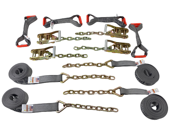 18' 8 Point Towing Tie Down Kit of DIAMOND WEAVE Rollback / Flatbed Car Tie-Downs with Chain Tails