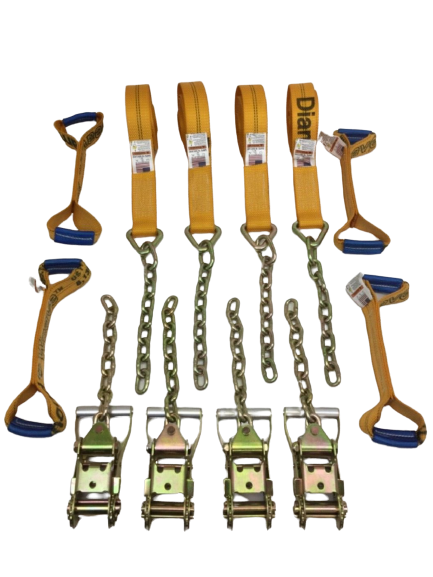 14' 8 Point Kit of DIAMOND WEAVE Rollback / Flatbed Car Tie-Downs with Chain Tails